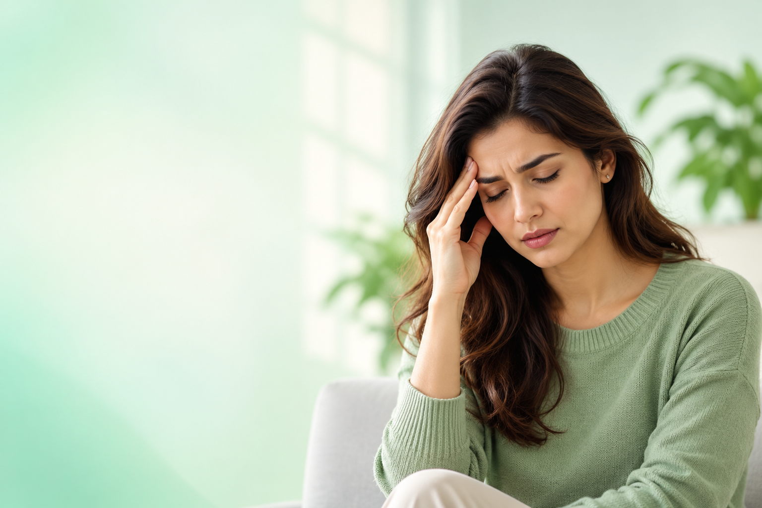 A woman gently holding her temple while feeling overwhelmed, representing stress and the importance of mental wellness